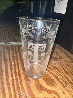 Etched Clear Glass Tumbler with Monogram "T"